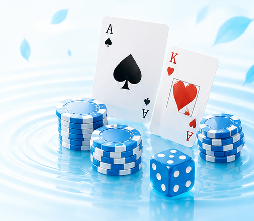 Casino chips, kartu, dan dadu bernuansa cyan